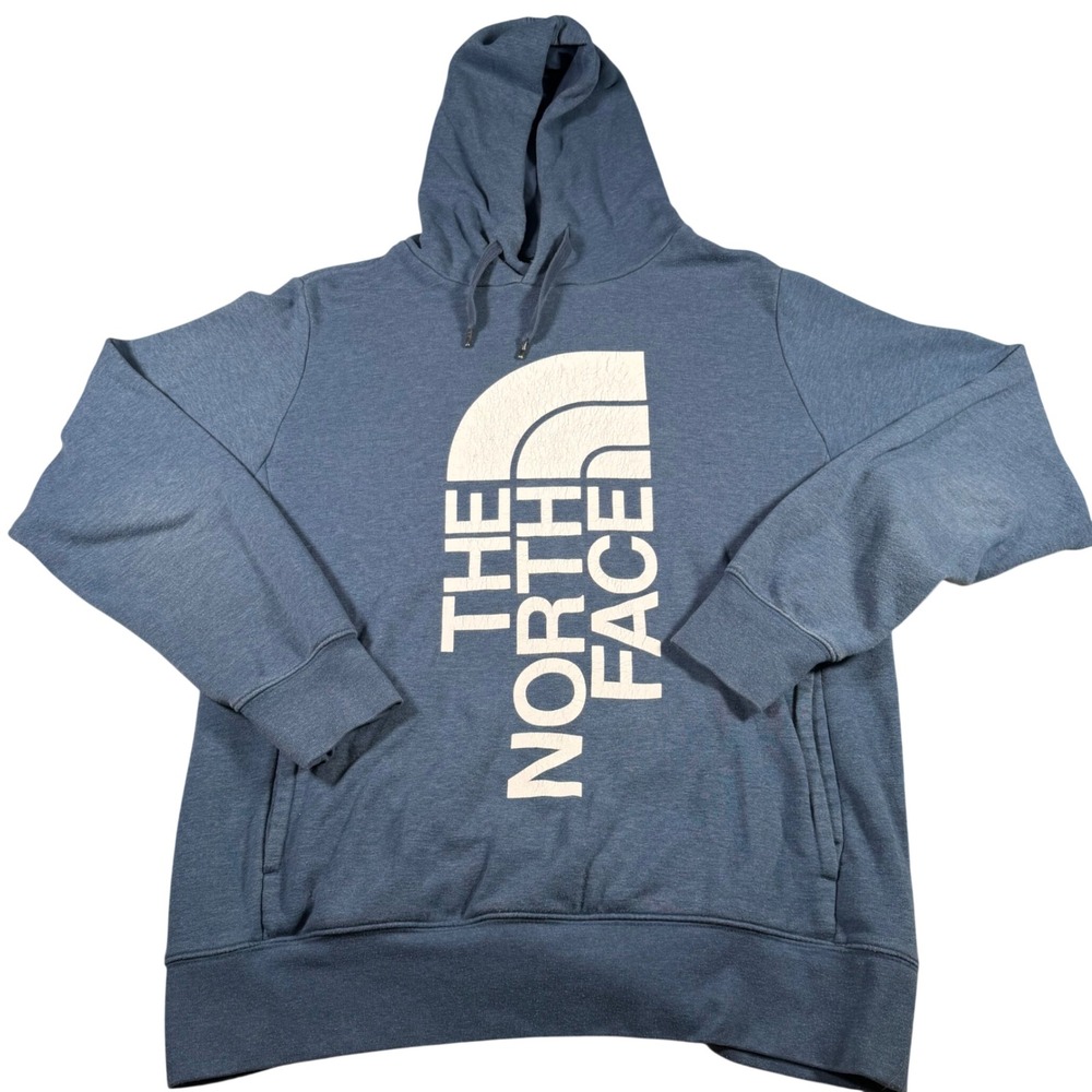 North Face Hoodie Mens Medium Blue‎ Vertical Logo Pullover Sweatshirt Fleece